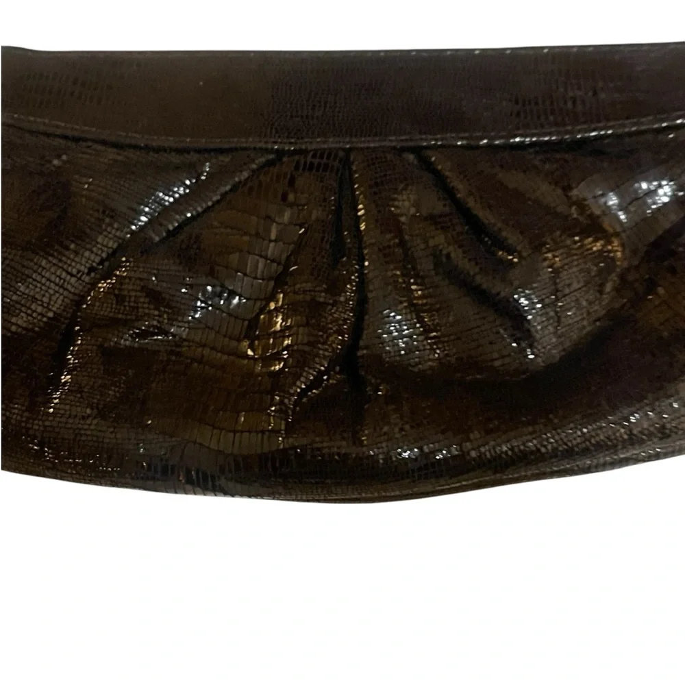Lauren Merkin Black Shiny Faux Snakeskin Embossed Eve Leather Evening Clutch Bag